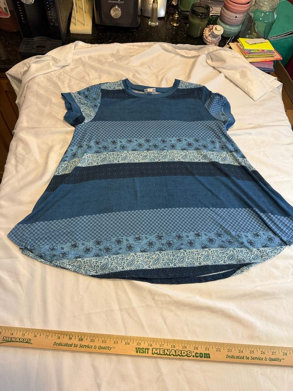 LuLaRoe Classic T Shirt Blue Patchwork Print Short Sleeve Top